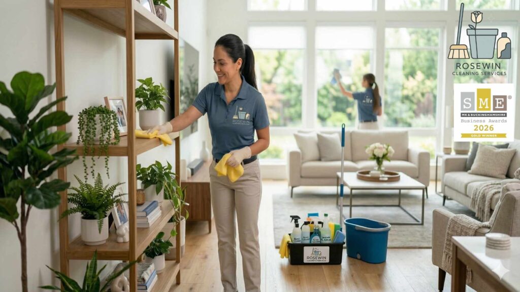 Award-winning Rosewin Cleaning Services team providing professional domestic cleaning in Milton Keynes, dusting and window cleaning in a bright living room.