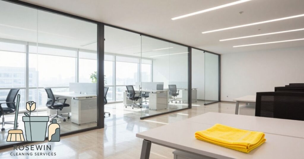 A spotless, newly built commercial office space with a yellow microfibre cloth on a desk, representing a professional builders clean in Milton Keynes.