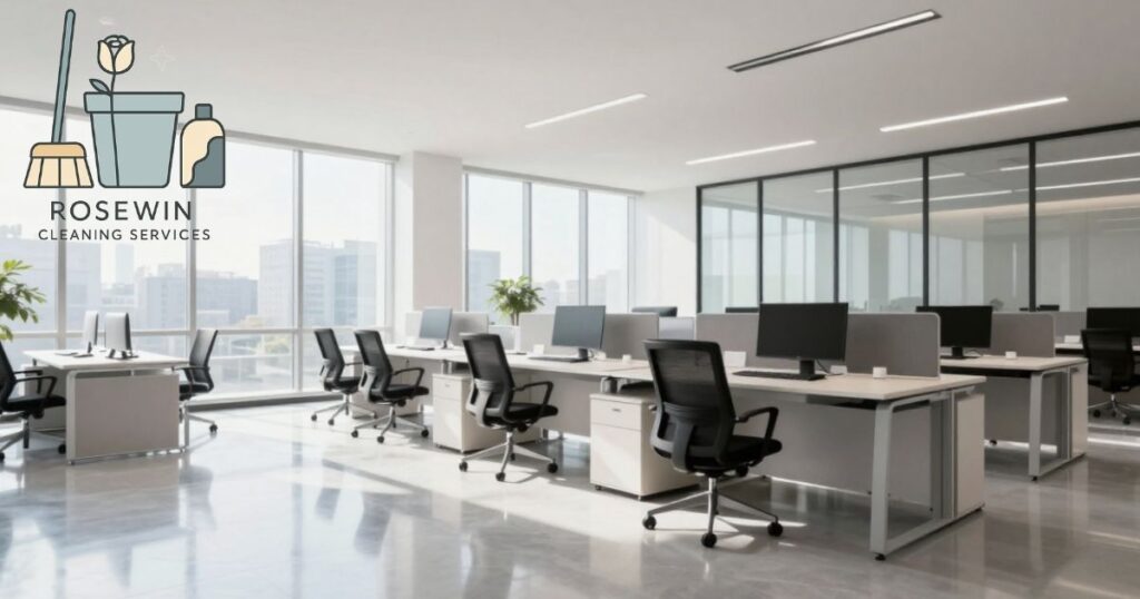 A bright, pristine modern corporate workspace with polished floors and desk stations, showcasing the high standards of office cleaning Milton Keynes provided by Rosewin Cleaning Services.