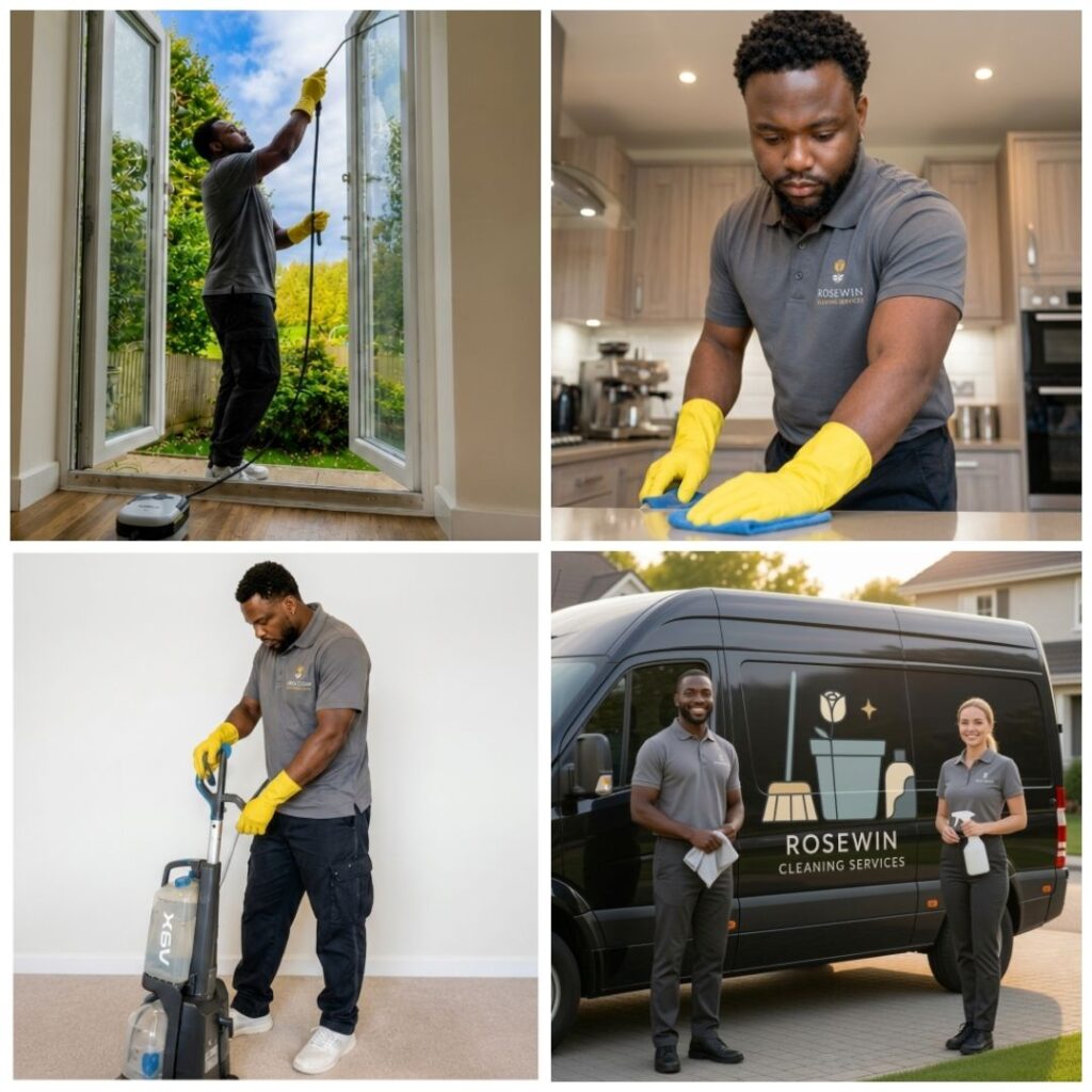 Collage of the professional Rosewin Cleaner in Milton Keynes performing window, kitchen, and carpet cleaning, alongside staff standing by a branded company van.
