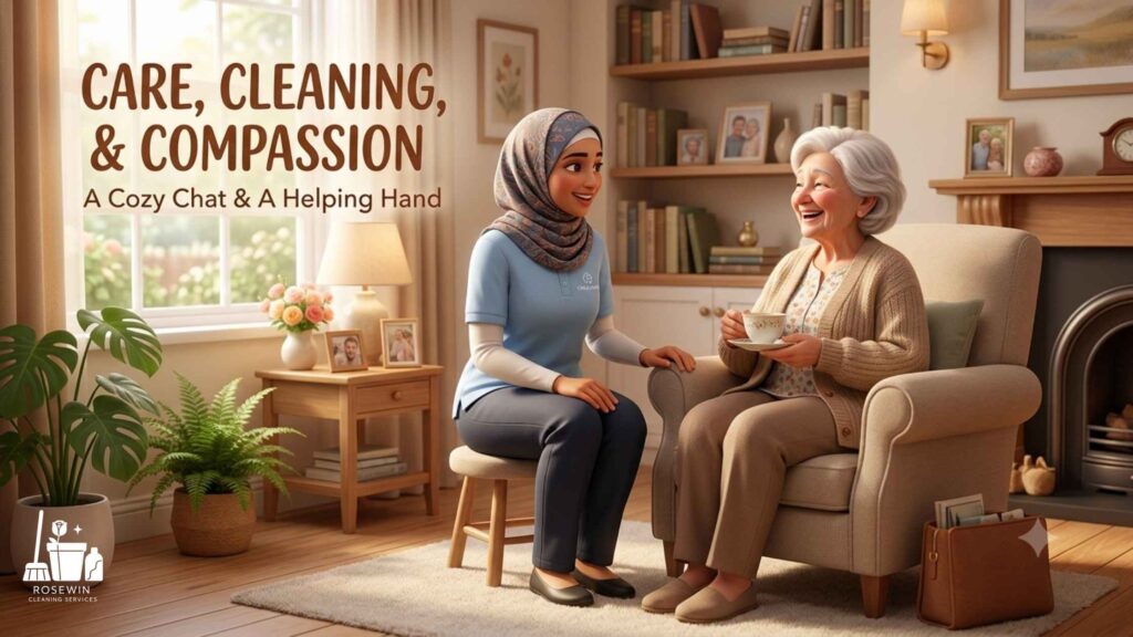 A 3D illustration of a friendly Rosewin cleaner wearing a hijab, smiling and chatting with a happy elderly woman holding a teacup in a cozy living room. Text on the image reads "Care, Cleaning, & Compassion: A Cozy Chat & A Helping Hand." Showcasing compassionate cleaners for vulnerable parents.